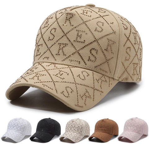 Cappello Da Baseball Con Strass Alla Moda Per Donna Cotone Motivo A Rombi Lettera Protezione Solare Regolabile