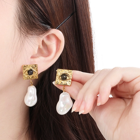 Orecchini Pendenti in Acciaio Inossidabile Con Perle Per Donna Geometrici Malocchio Quadrati Martellati Spirale Oro Argento Gioielli