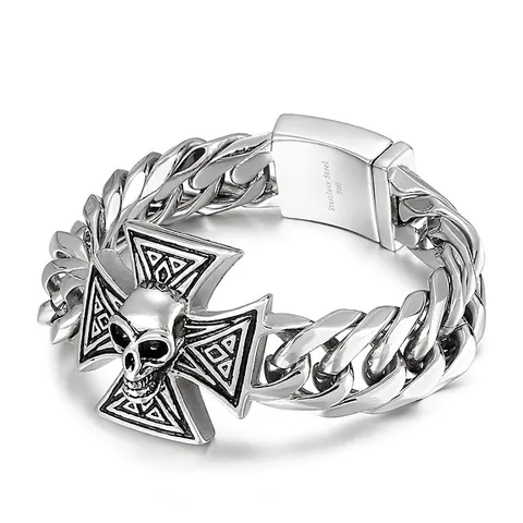 Men's 316L Stainless Steel Skull Cross Bracelet Gothic Punk Cuban Link Chain Retro Silver Color Fashion Jewelry
