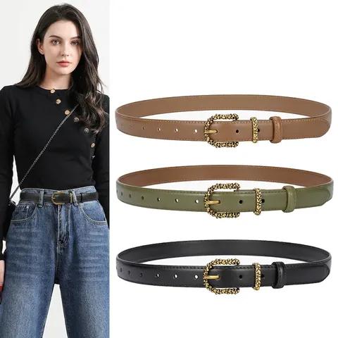 Cintura da Donna Vintage in Pelle di Vacchetta Con Fibbia ad Ardiglione in Lega a Rilievo retrò Moda Casual Versatile per Jeans