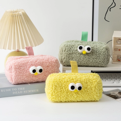 Plush Cartoon Pencil Case Large Capacity Big Eyes Stationary Organizer Bag With Handle For Girls Students Pen Storage Case