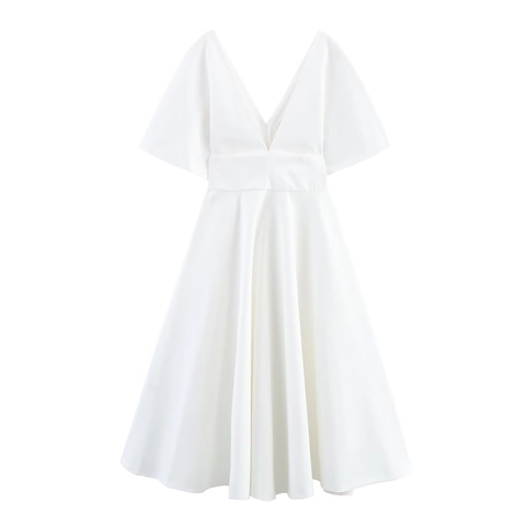 V Neck Short Sleeve Midi Dress Polyester Poplin Button Decor A Line Solid Color Elegant Casual Women Slim Fit