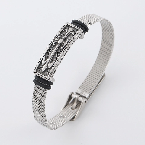Stainless Steel Mesh Band Bracelet Gothic Cross Fleur De Lis Relief Plate Adjustable Watch Strap Style Wristband Unisex