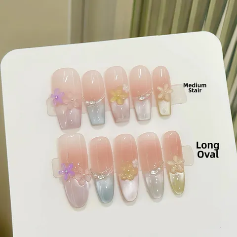 Handgefertigt Katzenauge Künstliche Nägel 3D Harz Blume Strass Künstliche Perle Französisch Sarg Oval Fake Nails