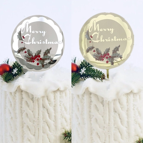 Acrylic Christmas Cake Topper Round Mirror Wavy Edge Merry Christmas Lettering Holly Berry Print Holiday Dessert Decoration