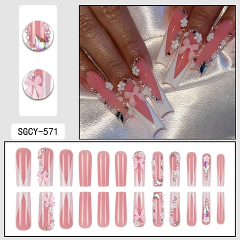 Uñas Postizas De Ataúd Largo Rosa Francesa Puntas En V 3D Lazo Diamantes De Imitación Perla Artificial Lujo Para Mujeres