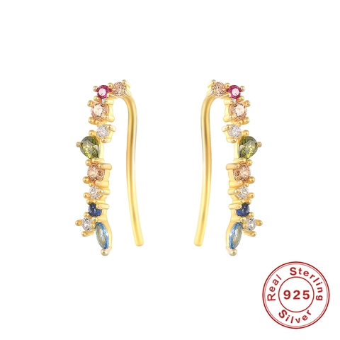 Rainbow Cubic Zirconia Ear Climber Earrings With 925 Sterling Silver Earring Post Geometric Curved Jewelry For Women