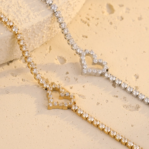 Ins Classic Heart Rhinestone Stainless Steel Tennis Bracelet For Women 18K Gold Plated Elegant Adjustable Link Jewelry Gift