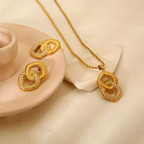 Stainless Steel Necklace And Earrings Interlocking Double Rings Spiral Texture Zircon 18K Gold Plated Waterproof Women