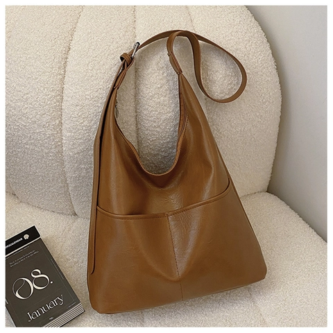 Sac à Épaule en Cuir PU Vintage Grande Capacité Pour Femmes Minimaliste Urbain Couture Sac Fourre-tout Navettage Quotidien