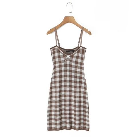 Gingham Kariertes Cami Kleid Gestricktes Polyester V Ausschnitt Spaghettiträger Schleife Süßer Lolita Stil Damen Ärmellos