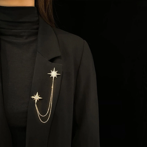 Elegant Alloy Rhinestone Double Star Chain Brooch Gold Hexagram Tassel Pin For Suit Coat Unisex Fashion Accessories