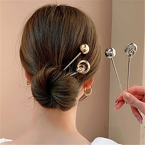 Minimalist Geometric Metal Hair Sticks For Women Alloy Ring Ball Design Elegant Hair Bun Fork Modern Hair Accessories