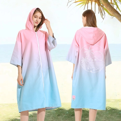 Hooded Beach Towel Poncho Microfiber Quick Dry Surf Changing Robe With Zipper Pocket Print For Adults Swimming