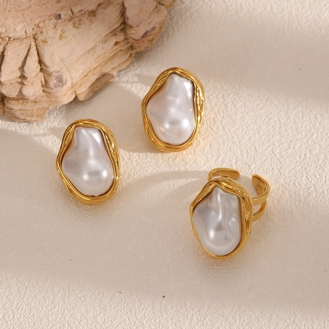 Barok Imitatie Kunstparel Ring En Oorbellen Roestvrij Stalen Sieraden Verguld Onregelmatig Vintage Stijl Voor Vrouwen