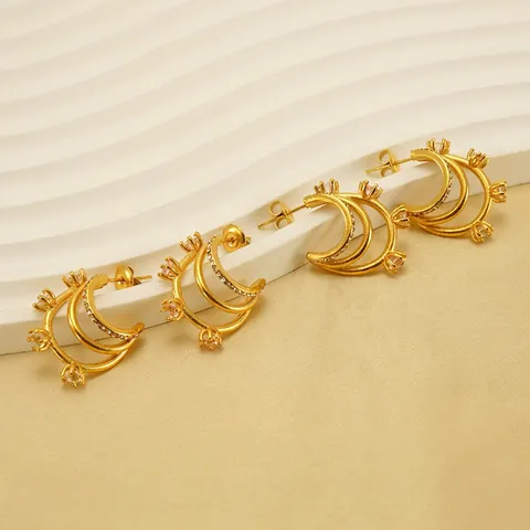 Dreilagige C-Form Creolen 18K Vergoldeter Edelstahl Eingelassener Zirkon Geometrischer Schicker Französischer Vintage Schmuck Für Frauen