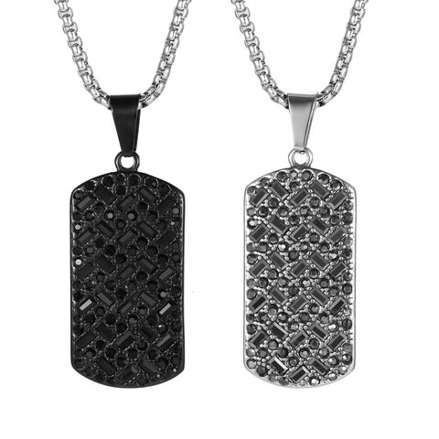 Men Pendant Necklace Titanium Stainless Steel With Black Rhinestone Geometric Dog Tag Hip Hop Rock Cool Jewelry