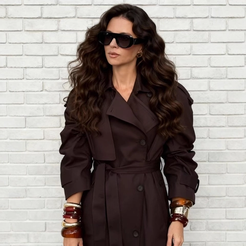 Damen Langer Trenchcoat Revers Doppelreihig Gestreift Herbst Lässig Urban Elegant Kaffee Braun Mantel