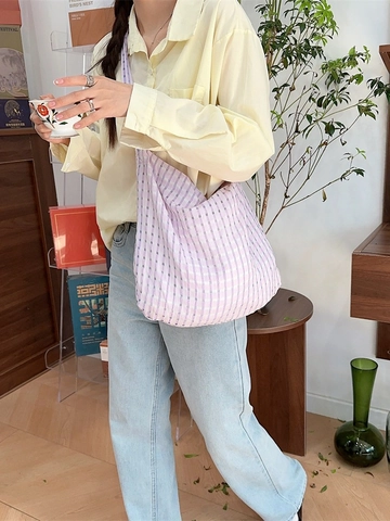 Gingham Checked Large Capacity Crossbody Bag Polyester Canvas Bubble Texture Summer Casual Fresh Tote Hobo Handbag Women