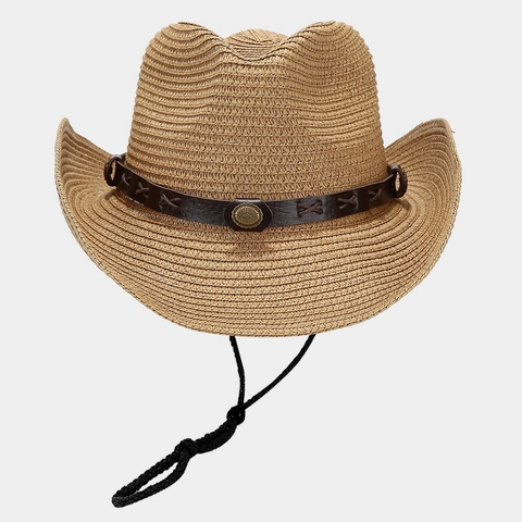 Sombrero Vaquero Paja Western Vintage Tejido Protección Solar Transpirable Con Banda Cuero Sintético Y Cordón Ajustable