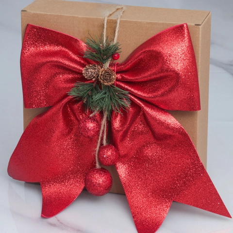 Kerststrik Decoratie Rood Glitter Nylon Lint Met Dennenappels Dennennaalden Feestelijke Boomhanger Decor