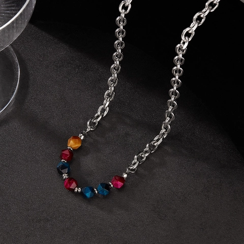 Collana Donna in Acciaio Inossidabile a Catena O con Perle Multicolore in Pietra Occhio di Gatto Sfaccettate Gioielli alla Moda