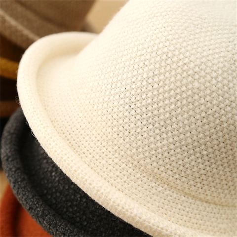 Women Retro Knitted Bucket Hat Warm Thick Winter Rolled Brim Solid Color Cloche Hat For Outdoor Casual