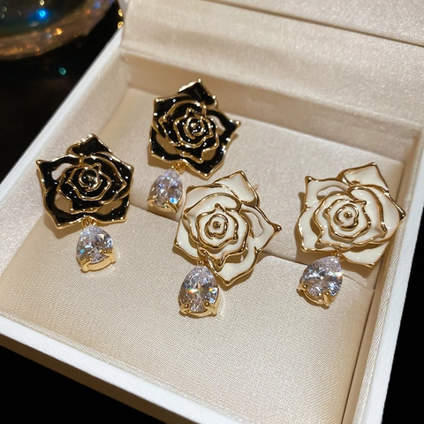 Boucles D'oreilles Élégantes En Émail Fleur De Rose Avec Tige En Argent Sterling 925 Pendentif Goutte En Zircon Femmes