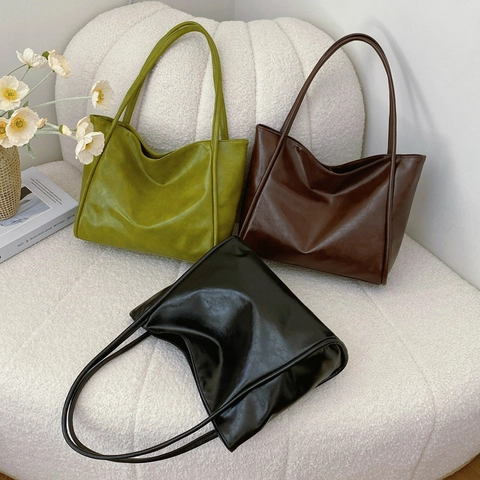 Large Capacity PU Leather Tote Bag Vintage Minimalist Shoulder Handbag Solid Color Retro Korean Style For Women