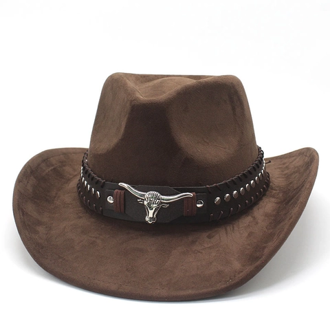 Western Cowboy Hat Vintage Suede Wide Brim Sun Protection Faux Leather Band Metal Bull Head Rivets Unisex Outdoor Travel