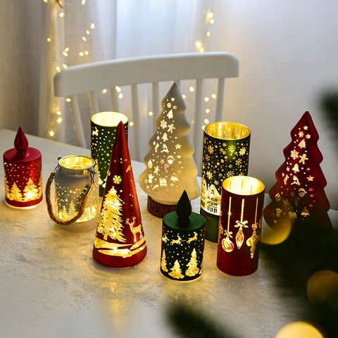 Christmas LED Candle Holder Hollow Glass Ornament Warm Light Desktop Decorative Lamp For Holiday Home Party Atmosphere
