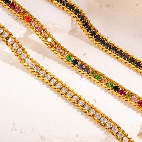 Bracelet de Tennis en Acier Inoxydable Plaque Or Avec Strass Colores Bracelet Chaine Tissee pour Femmes Bijoux Cadeau