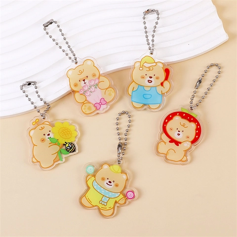 Mignon Ours Dessin Animé Jaune Crème Porte-Clés En Acrylique Avec Chaîne À Billes Métallique Transparent Impression Recto Verso