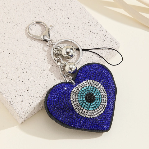 Turkish Evil Eye Keychain Bag Charm Rhinestone Inlaid Metal Heart Round Shape Pendant Accessory For Women