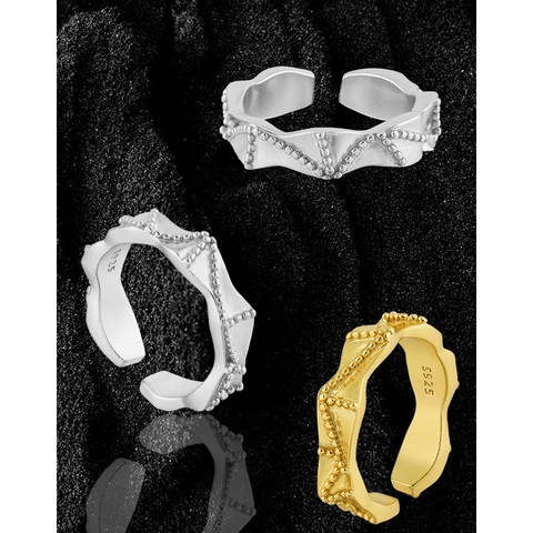 Minimalist S925 Sterling Silver Wavy Beaded Open Ring For Women Irregular Twisted Design Adjustable Finger Ring Fashion Jewelry