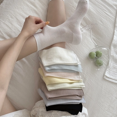 Slouch Socks Women Mulberry Satin Lyocell Blend Ribbed Breathable Mid Calf Korean Ins Style Seamless Toe