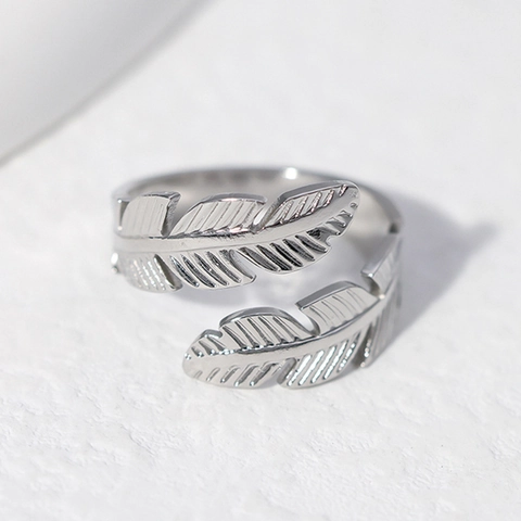Minimalist Stainless Steel Feather Adjustable Open Ring For Women Personalized Gold Silver Plated Finger Jewelry Gift
