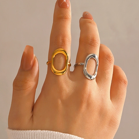 Minimalist Hollow Oval Ring Stainless Steel Geometric Adjustable Open Finger Jewelry For Women Elegant Modern Fashion Style