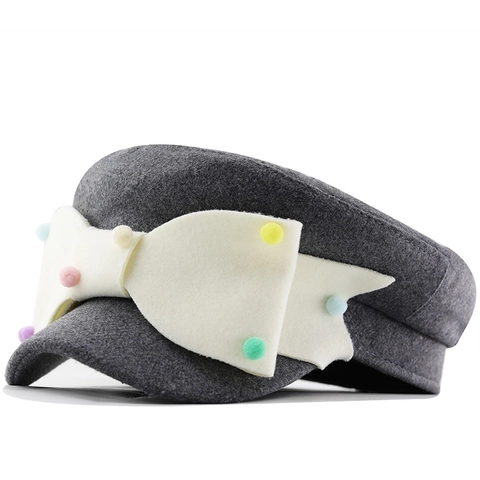 Cappello Newsboy Donna Fiocco Grande Pompon Colorati Feltro Poliestere Cappello Ottagonale Stile Retrò Moda Invernale
