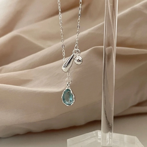 S925 Sterling Silver Blue Teardrop Pendant Necklace For Women Elegant Rhinestone Water Drop Clavicle Chain Minimalist Jewelry