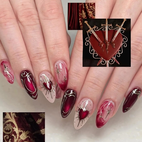 Uñas Postizas Press On Largas Almendradas Borgoña Ojo De Gato Gótico Corazón Estrella Brillante Para Mujeres