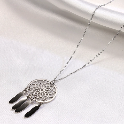Dreamcatcher Pendant Necklace Stainless Steel Hollow Round Web Metallic Feather Jewelry For Women Men Simple Fashion