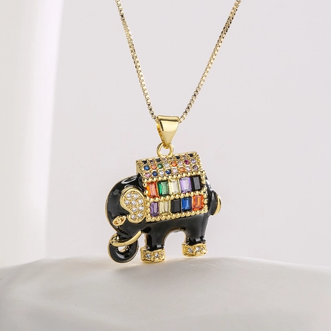 Collana Pendente Elefante Zirconi Colorati Smalto Ciondolo Animale Rame Placcato Oro Gioielli Per Donna