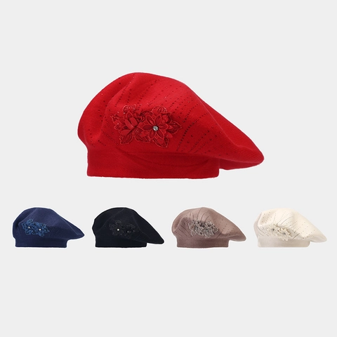 Bérêt Tricoté Pour Femmes Vintage Décor Fleur Strass Chaud Hiver Style Français Casquette D'Artiste