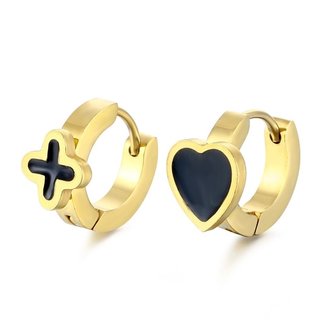 Stainless Steel Heart Clover Cross Huggie Hoop Earrings Black Enamel Asymmetrical Unisex Hip Hop Jewelry