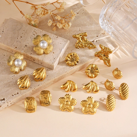 Vintage Gold Plated Stainless Steel Flower Geometric Shell Oval Stud Earrings For Women Minimalist Elegant Chic Jewelry