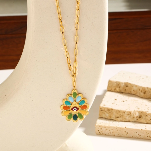Collana con Pendente Malocchio in Smalto Colorato Bohemien Placcato Oro in Acciaio Inossidabile Gioielli Girasole per Donna