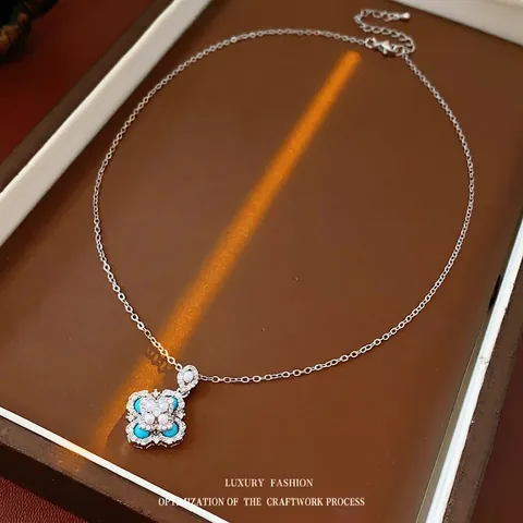 Collar Colgante Flor Cobre Circón Perla Artificial Azul Turquesa Francés Vintage Cadena Clavícula Mujeres