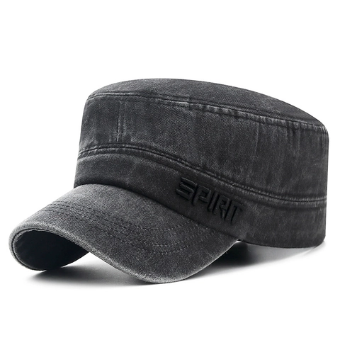 Men's Cadet Cap Washed Cotton Military Flat Top Hat Vintage Distressed Adjustable Outdoor Sun Protection Letter Embroidery