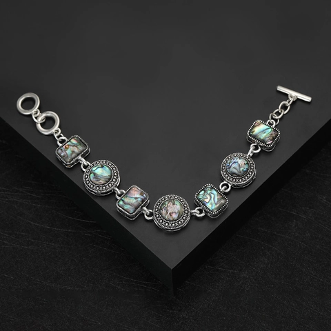 Retro Abalone Shell Geometric Link Bracelet With Toggle Clasp Alloy Antique Silver Color Bohemian Jewelry For Women Men